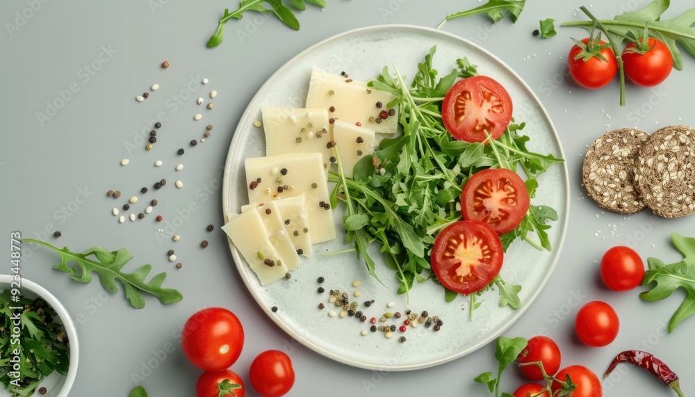 Fresh salad with tomatoes, arugula, cheese, and crackers on a gray background