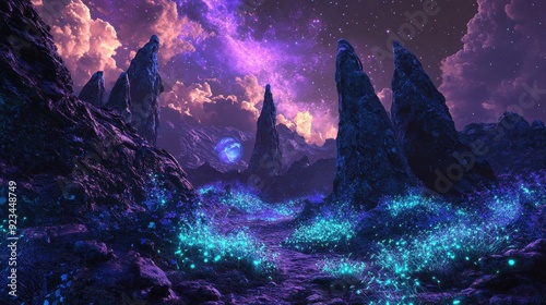 Mystical Night Landscape with Glowing Plants and Starry Sky.