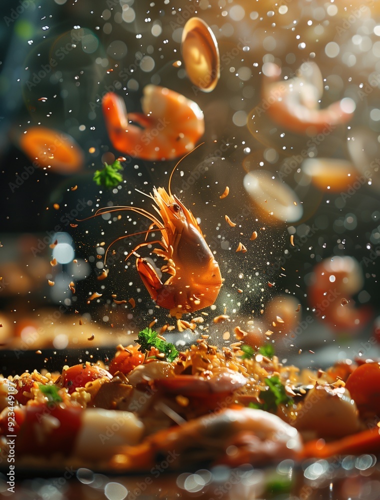 High Speed Photography of Exploding Mediterranean Paella Ingredients with Seafood Focus