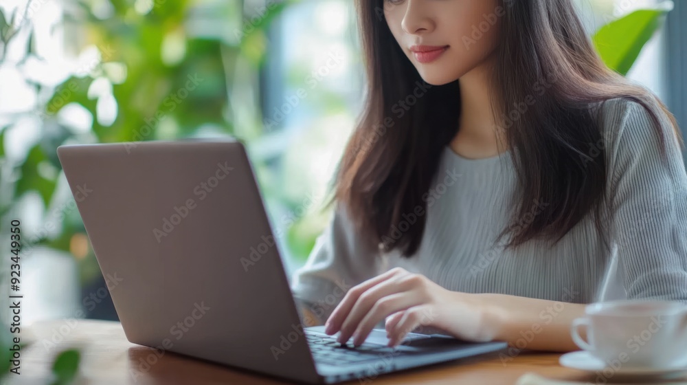 Woman Working on Laptop at a Cafe Woman Working on Laptop at a Cafe
