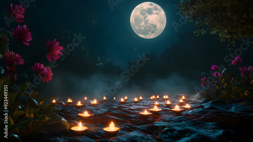 gold, moon, religion, religious, full, god, india, indian, moonlight, silhouette, tradition, full moon, hinduism, night, illustration, celebration, cloud, vector, atmosphere, bokeh, celebrate, culture