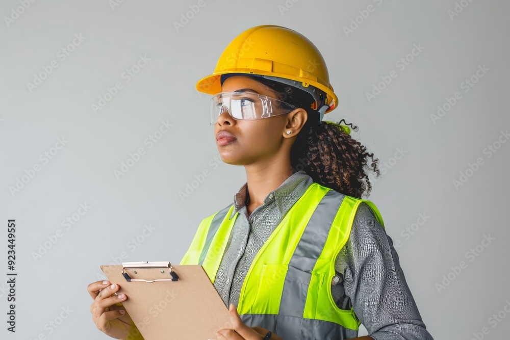 A construction inspector wearing a yellow hard hat and reflective safety vest, holding a clipboard, representing field inspection, safety and construction site management. A construction inspector wearing a yellow hard hat and reflective safety vest, holding a clipboard, representing field inspection, safety and construction site management.