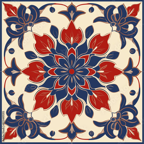 illustration of a vintage oriental tile. generative ai