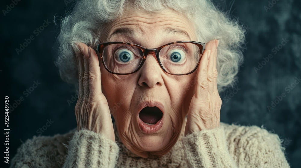 A senior woman with white hair and glasses is startled, her mouth wide open and her eyes wide with surprise. She is covering her ears with her hands, suggesting a sudden loud noise or unexpected news. A senior woman with white hair and glasses is startled, her mouth wide open and her eyes wide with surprise. She is covering her ears with her hands, suggesting a sudden loud noise or unexpected news.