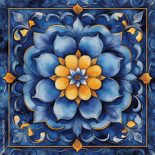 illustration of a vintage oriental tile. generative ai