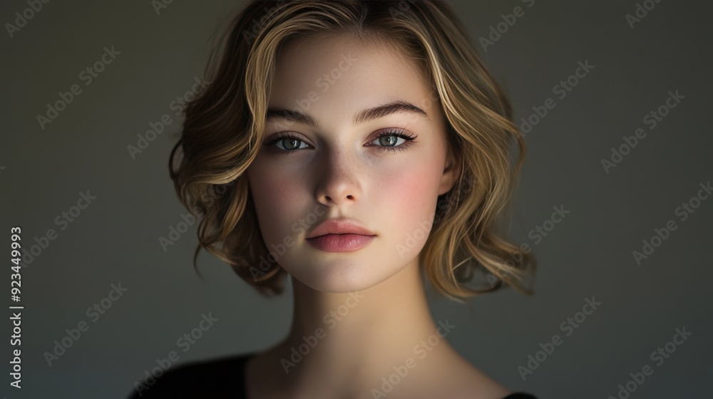Portrait of a Beautiful Young Woman with Blonde Curly Hair and Blue Eyes. Portrait of a Beautiful Young Woman with Blonde Curly Hair and Blue Eyes.