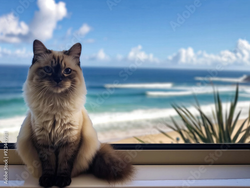 A cat is sitting on a window sill looking out at the ocean. The cat is looking out at the waves and seems to be enjoying the view photo