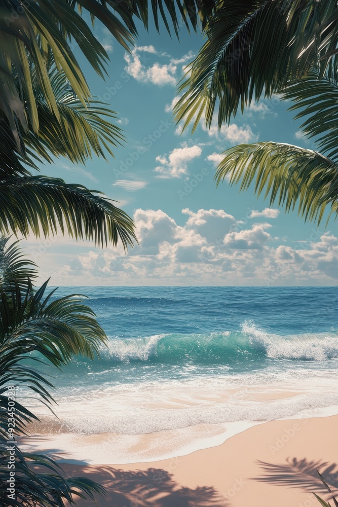 Obraz premium Tropical Beach Paradise with Palm Trees and Ocean Waves under a Sunny Sky