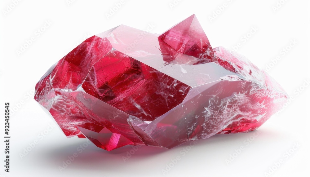 Large red crystal formation with sharp facets on a white background Large red crystal formation with sharp facets on a white background