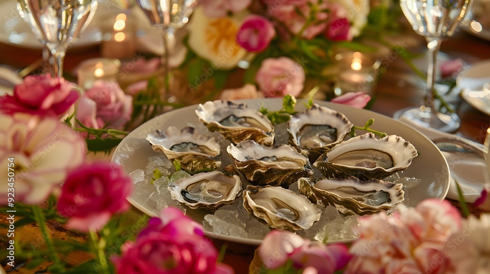Fresh Oysters on Ice with Floral Garnish. Fresh Oysters on Ice with Floral Garnish.
