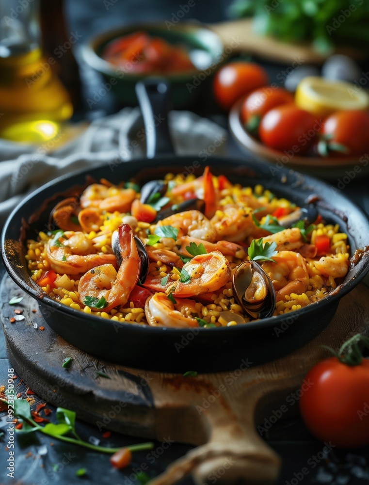 Vibrant and colorful close up of Paella, a traditional Spanish seafood and rice dish Vibrant and colorful close up of Paella, a traditional Spanish seafood and rice dish
