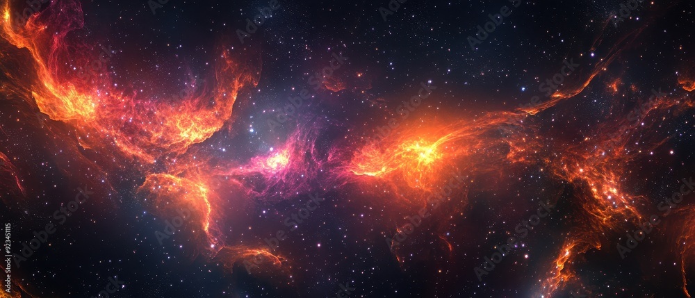 Cosmic Nebula with Glowing Orange and Red Flames in a Dark Starry Night Sky Cosmic Nebula with Glowing Orange and Red Flames in a Dark Starry Night Sky