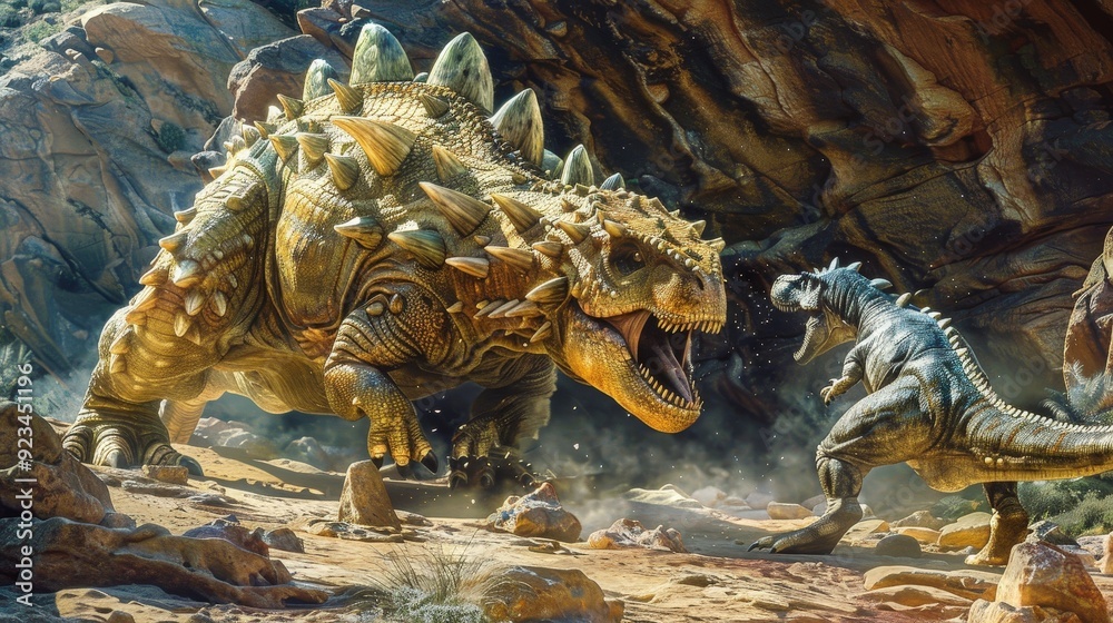 Fototapeta premium A thrilling scene unfolds as the powerful Ankylosaurus defends itself against a predatory dinosaur.