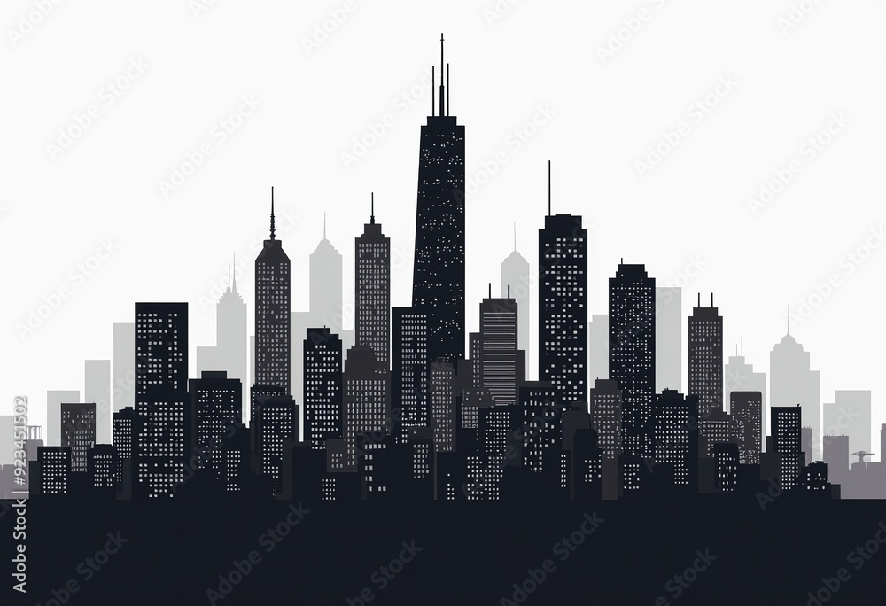 Fototapeta premium Isometric Cityscape Silhouette: Skyscrapers, Business District, Urban Skyline
