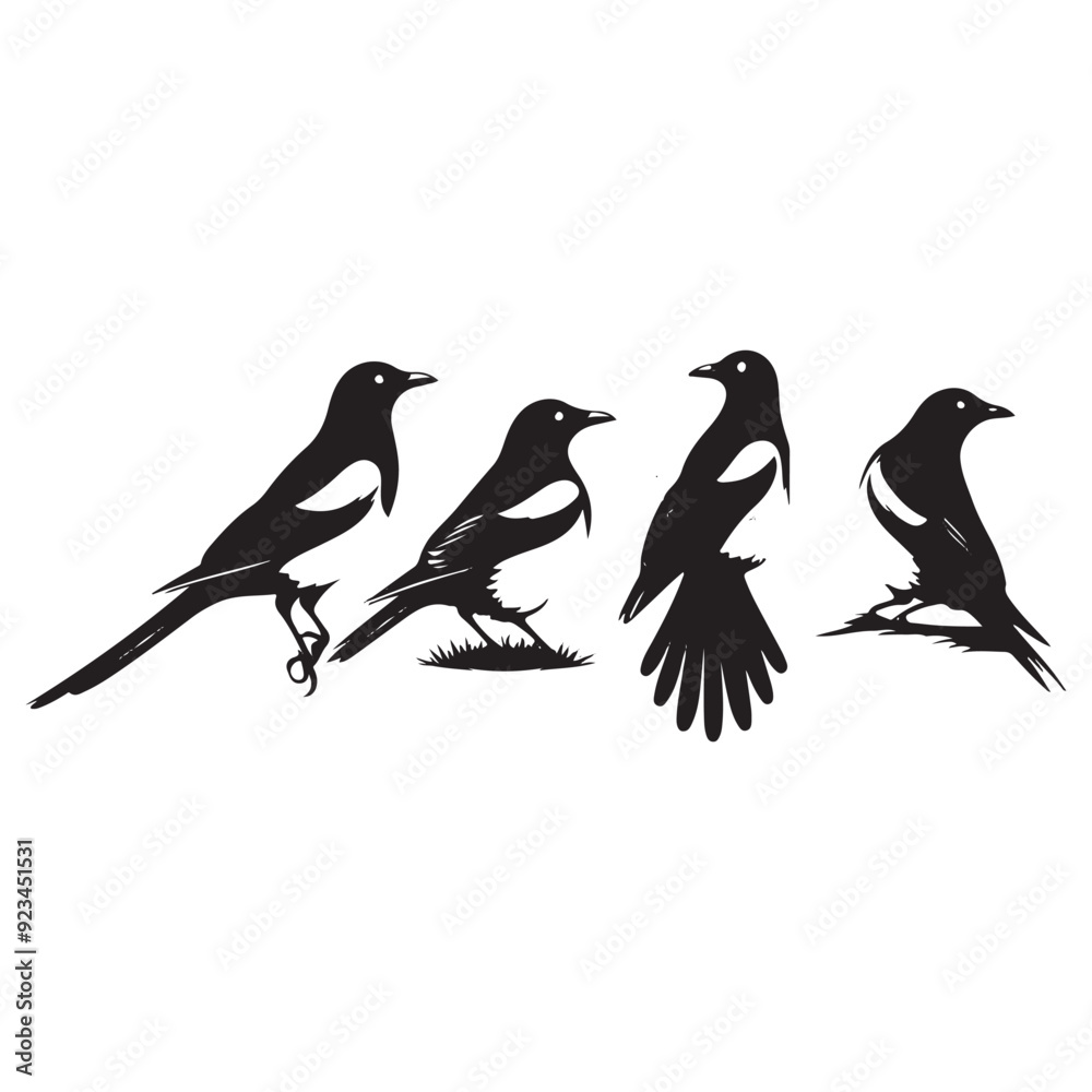 bird silhouette vector illustration ,Magpie silhouette on white background, Vector illustration, icon,  characters, Holiday t shirt, Hand drawn  illustration