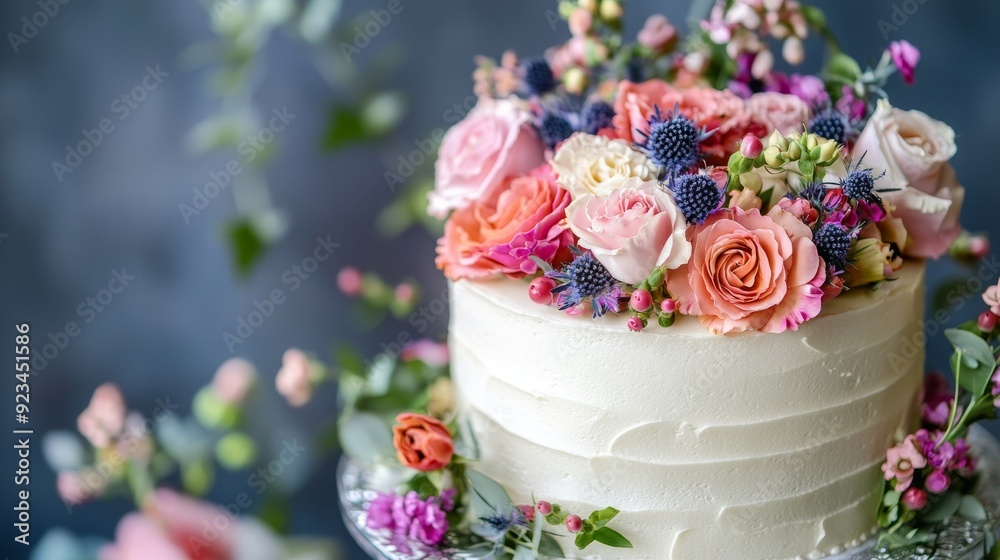 A simple white wedding cake adorned with a beautiful arrangement of pink, orange, and purple flowers, symbolizing love, joy, and celebration. A simple white wedding cake adorned with a beautiful arrangement of pink, orange, and purple flowers, symbolizing love, joy, and celebration.