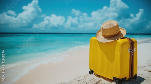 suitcase with hat standing on beach, summer vacation tourism advertising