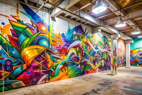 Vibrant abstract graffiti splashes on a white wall, eclectic urban interior backdrop featuring dynamic street art, bold colors, and edgy textures in a modern setting.