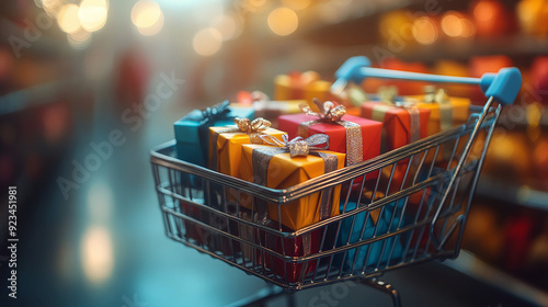 Shopping cart with gifts / giftboxes.