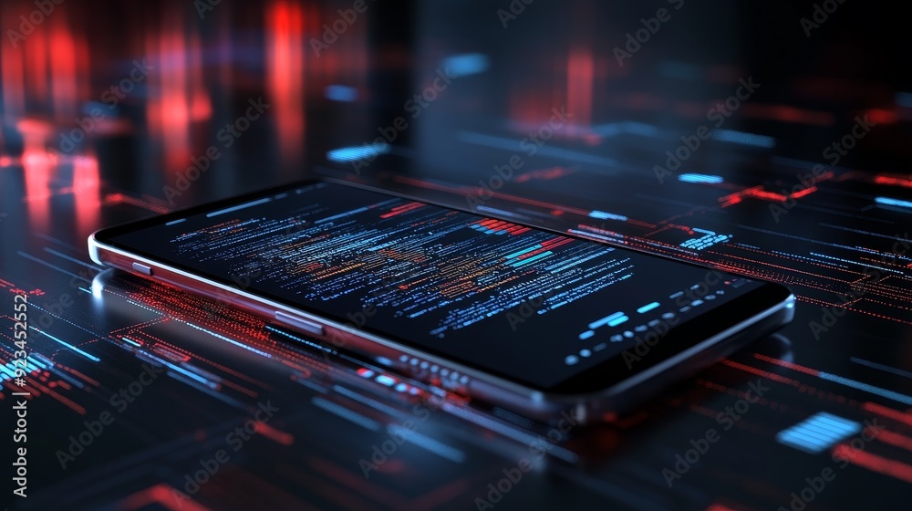 Fototapeta premium A smartphone displaying code on its screen, resting on a futuristic digital surface with glowing lines symbolizing technological advancement, data flow, and the digital landscape.