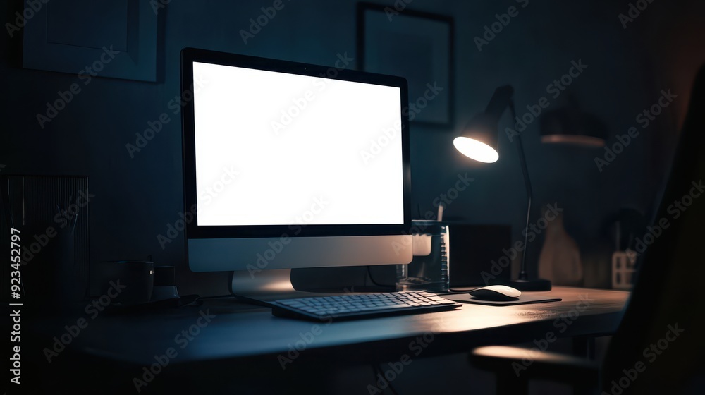 Modern Computer Desk Setup with Blank Screen, Keyboard, and Mouse in a Dimly Lit Room. Modern Computer Desk Setup with Blank Screen, Keyboard, and Mouse in a Dimly Lit Room.