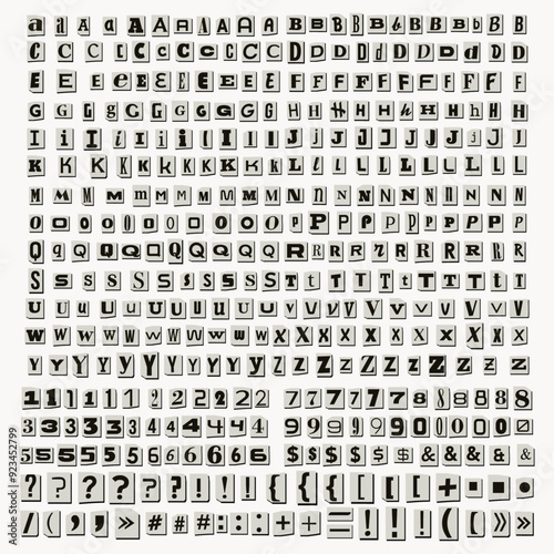 Cut out ransom letters collage style Black and gray vector alphabet blackmail Note Font. Paper ransom Kidnapper Anonymous Letters, Numbers and punctuation marks Criminal ransom letters. Big collection
