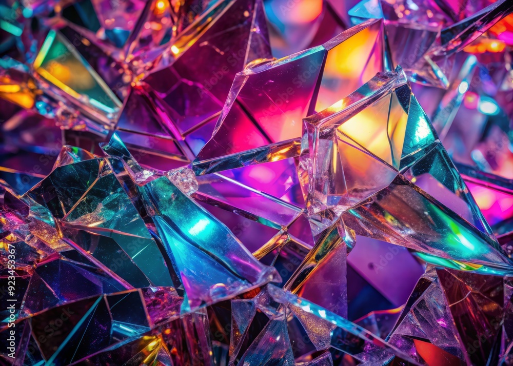 Vibrant rainbow reflexes in pink and purple hues illuminate shattered glass shards on a dark holographic background, creating an abstract, magical, and trendy texture pattern. Vibrant rainbow reflexes in pink and purple hues illuminate shattered glass shards on a dark holographic background, creating an abstract, magical, and trendy texture pattern.