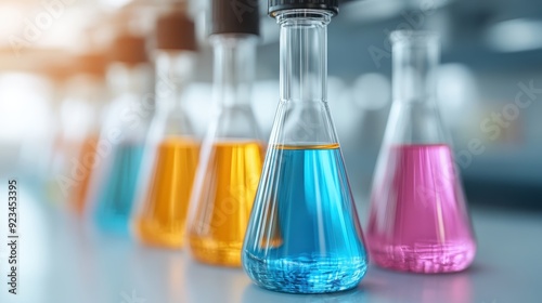 An assortment of glass beakers filled with various colorful liquids, aligned on a laboratory table, representing ongoing chemical experiments and scientific research.