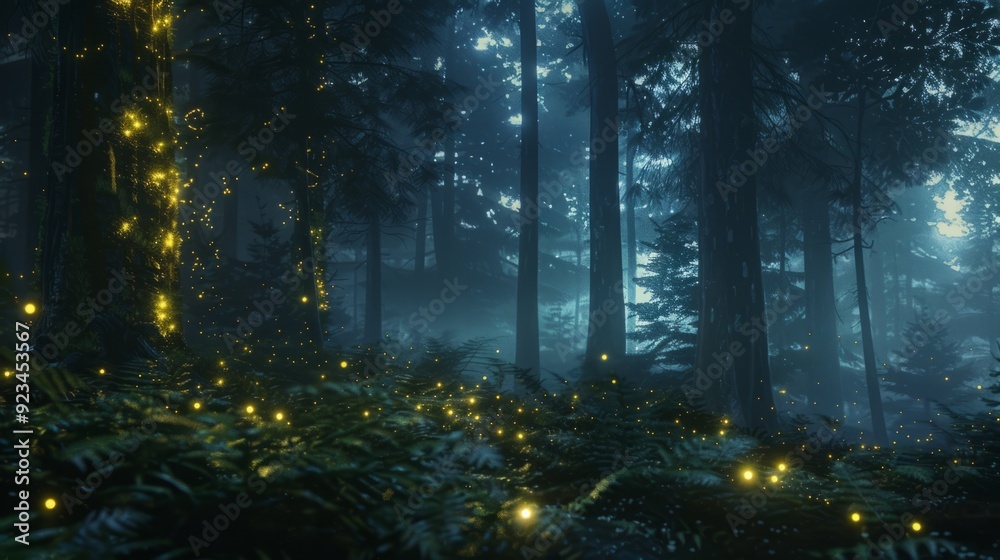 Fototapeta premium Moonlit forest with misty shadows and glowing fireflies, mystical atmosphere, hyper-realistic 4K photo. --ar 16:9 Job ID: 6feacb32-0a85-41b7-be5a-999a964c20d3