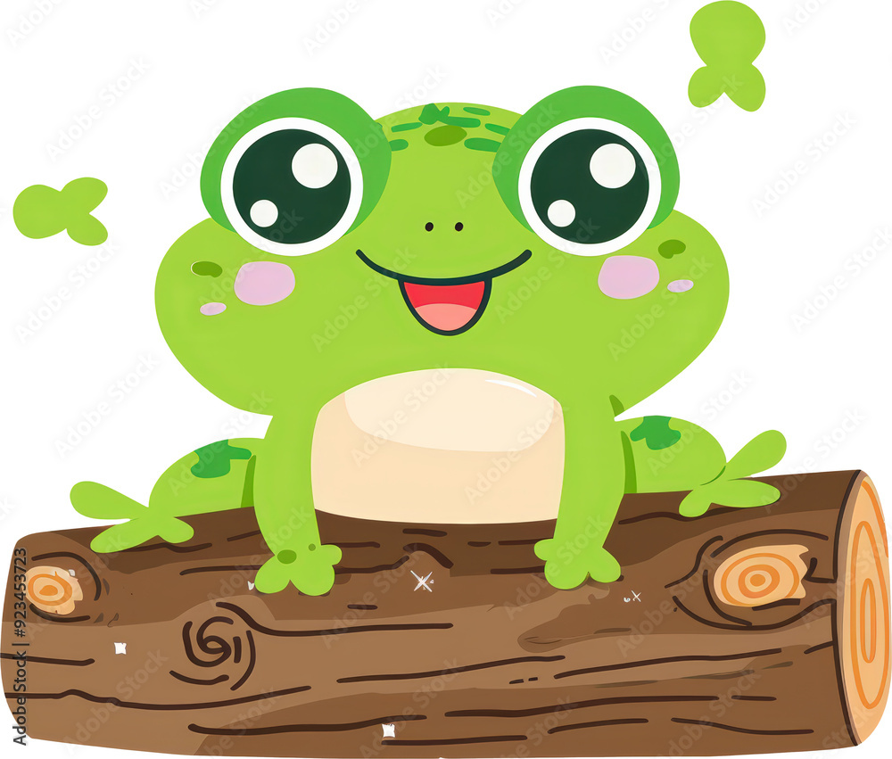 Obraz premium Cute cartoon frog with big eyes smiles as it sits on a log.