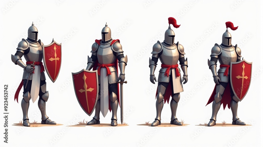 Naklejka premium Medieval Knights in Shining Armor with Red Shields - Detailed Illustration of Warriors