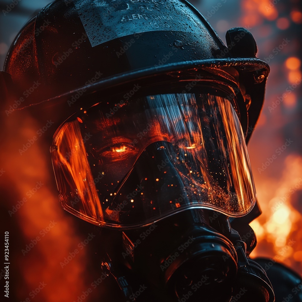 Firefighter in Full Gear with Dramatic Lighting and Smoke in the Background. Firefighter in Full Gear with Dramatic Lighting and Smoke in the Background.