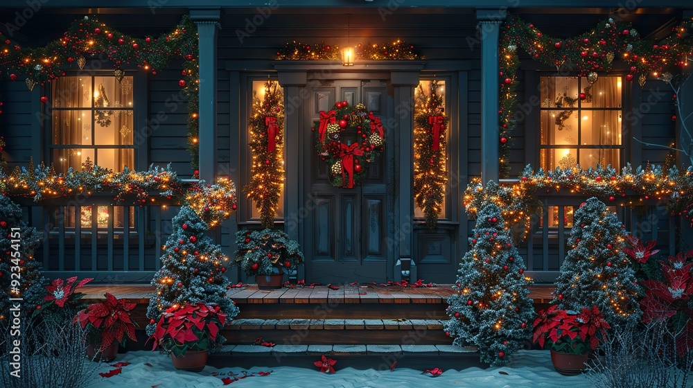 illuminated,decorated porch of american house winter holiday new year christmas concept generative ai. illuminated,decorated porch of american house winter holiday new year christmas concept generative ai.