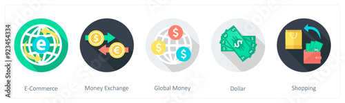 A set of 5 shopping icons as e commerce, money exchange, global money