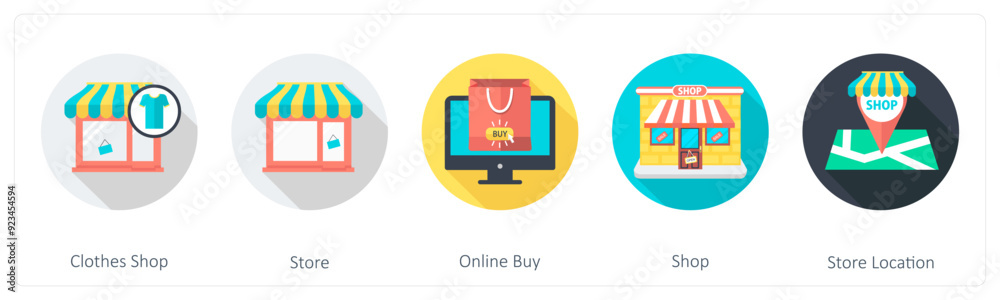 A set of 5 shopping icons as clothes shop, store, online buy A set of 5 shopping icons as clothes shop, store, online buy