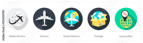 A set of 5 shopping icons as global delivery, delivery, package