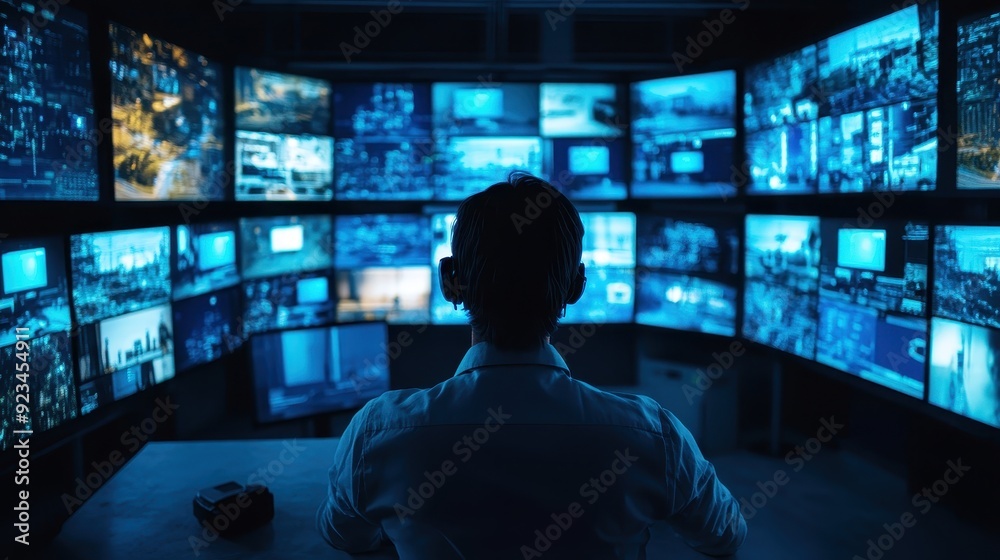 Silhouette of a Person in Front of a Wall of Monitors Showing Data and Security Footage Silhouette of a Person in Front of a Wall of Monitors Showing Data and Security Footage