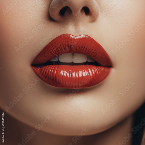 Close-up of a woman's amazing red lips, showcasing the middle of the face with a focus on lips.