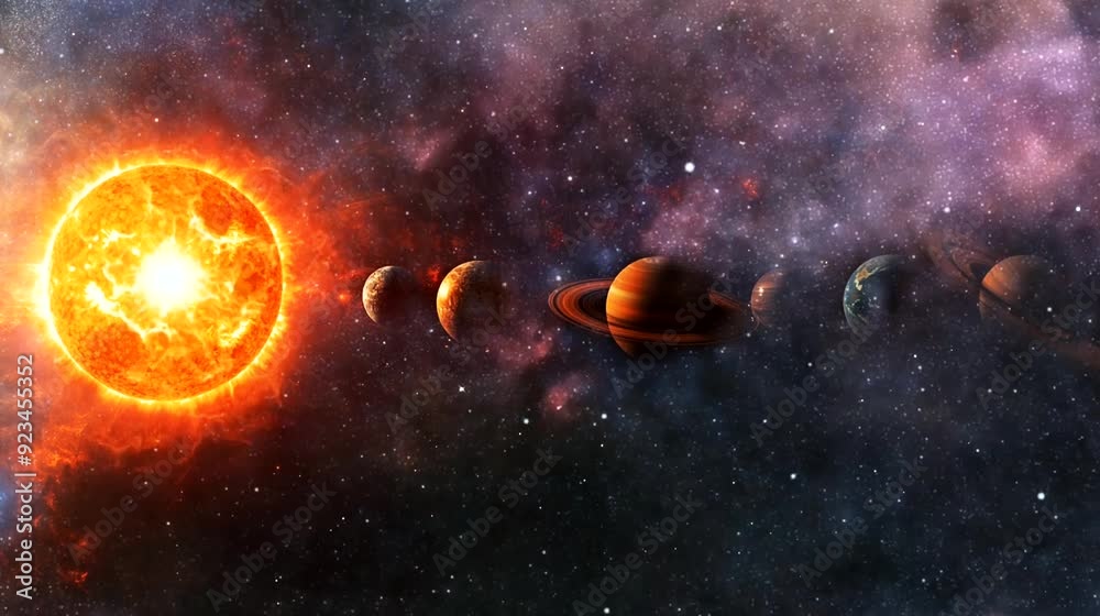 Seamless looping 4k time lapse animation video background. Solar system with planets aligned and glowing sun in space. Astronomy visualization concept Seamless looping 4k time lapse animation video background. Solar system with planets aligned and glowing sun in space. Astronomy visualization concept