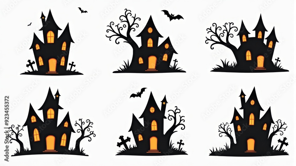 Halloween Haunted House Illustrations with Bats and Trees - Perfect for Spooky Decorations and Crafts Halloween Haunted House Illustrations with Bats and Trees - Perfect for Spooky Decorations and Crafts