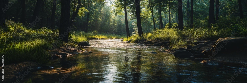 A tranquil scene of a clear stream flowing through a dense forest, with sunlight filtering through the trees, creating a dappled effect on the water. The lush green foliage surrounding the stream crea