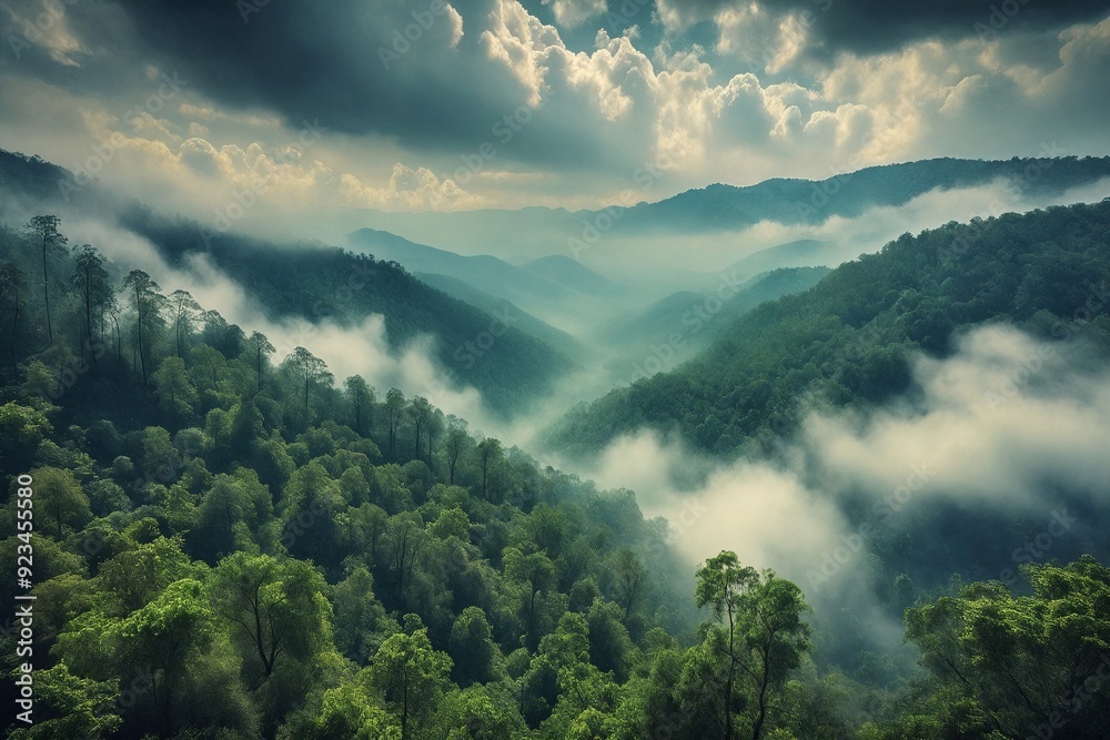 Obraz premium Misty Mountainscape with Forested Hills