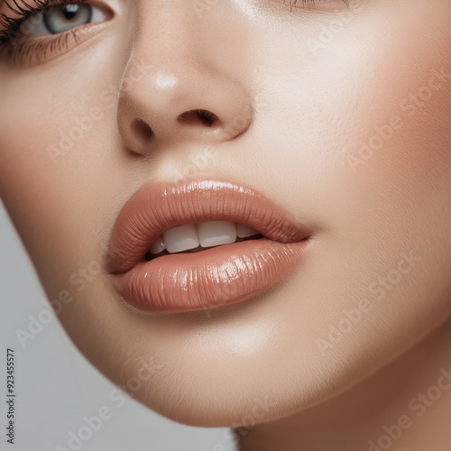 Close-up of a woman's amazing lips, showcasing the middle of the face with a focus on lips. Ideal for clinic ads