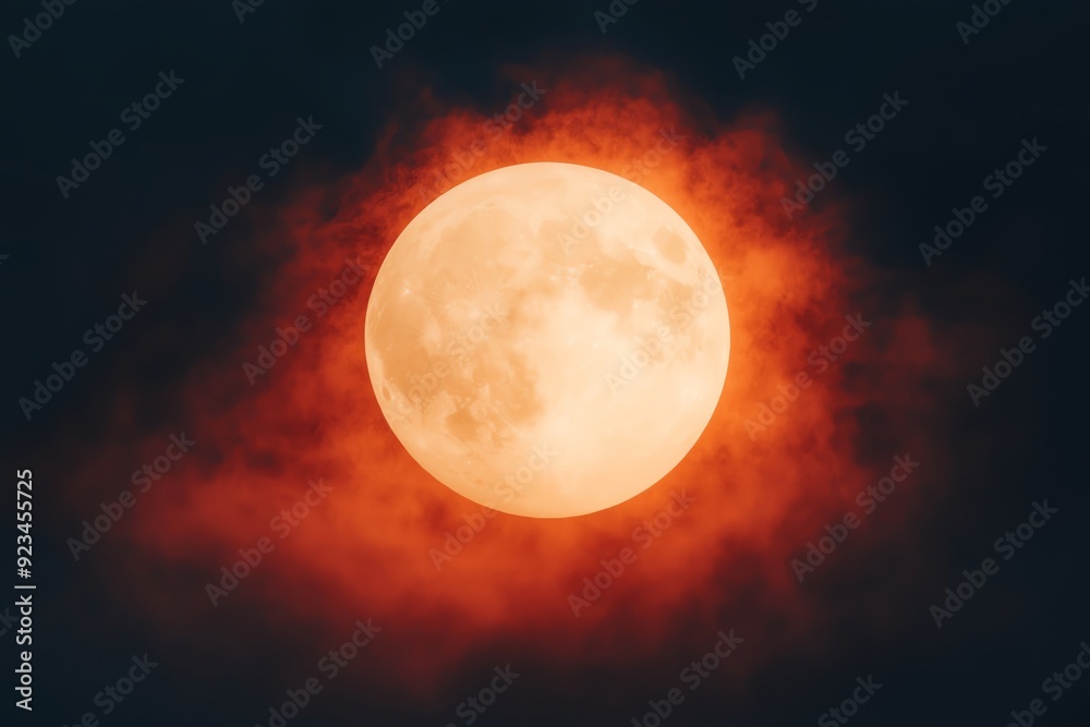 Obraz premium A captivating full moon glowing brightly through dark, colorful clouds, creating a mystical night sky scene.