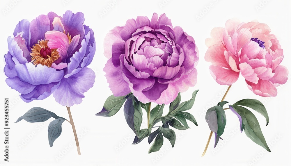 Three blooming peonies in purple and pink, with green leaves on a white background Three blooming peonies in purple and pink, with green leaves on a white background