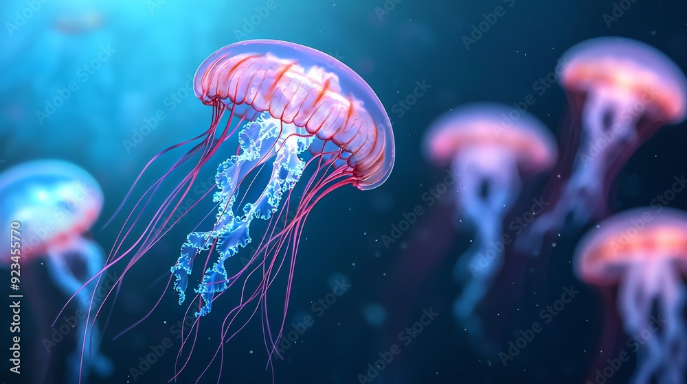 Fototapeta premium A vibrant underwater scene featuring glowing jellyfish gracefully swimming in clear blue water, creating a mesmerizing display.