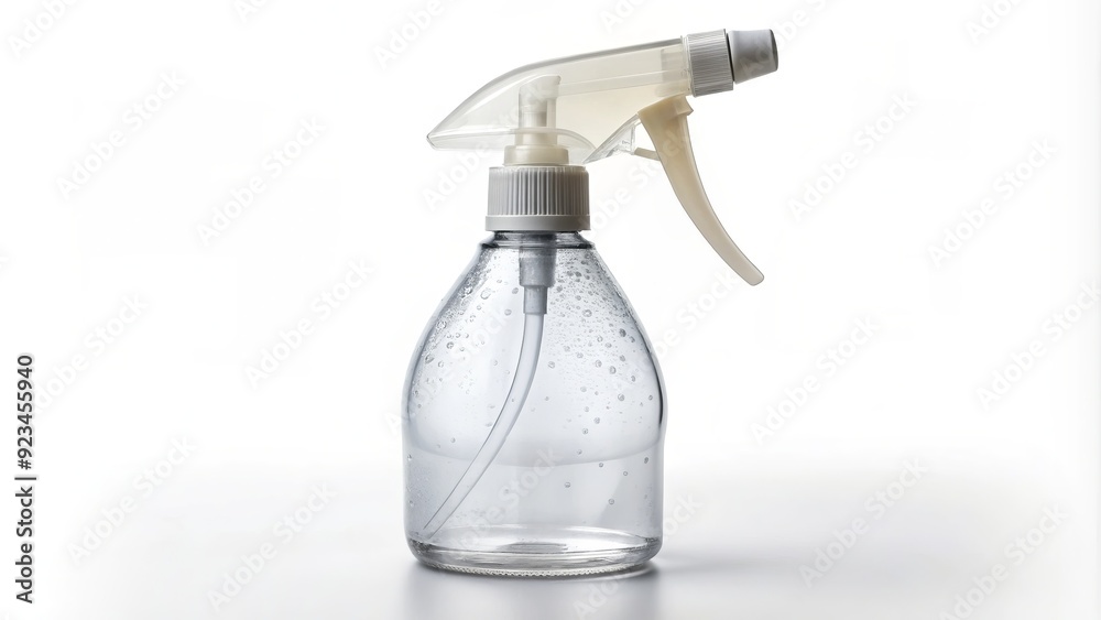 Clear plastic spray bottle with misty water droplets on the nozzle, isolated on a white background with a soft gradient shadow underneath. Clear plastic spray bottle with misty water droplets on the nozzle, isolated on a white background with a soft gradient shadow underneath.
