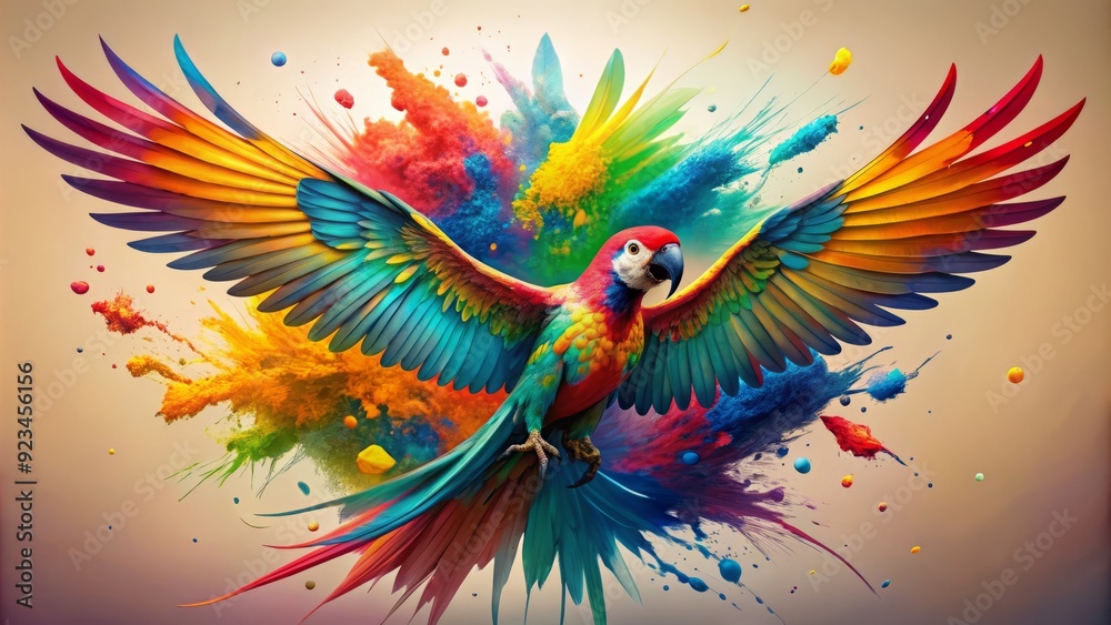 Vibrant parrot bursts forth from dynamic splash of paint, spreading wings to reveal kaleidoscope of colors, embodying creative explosion and artistic freedom in mid-air. Vibrant parrot bursts forth from dynamic splash of paint, spreading wings to reveal kaleidoscope of colors, embodying creative explosion and artistic freedom in mid-air.