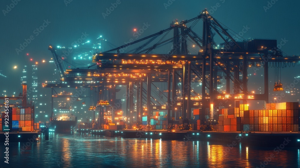 A vibrant cityscape scene showcasing container ships, illuminated cranes, and a bustling harbor at night, representing global trade, logistics, and modern infrastructure. A vibrant cityscape scene showcasing container ships, illuminated cranes, and a bustling harbor at night, representing global trade, logistics, and modern infrastructure.