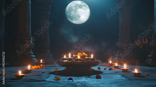 gold, moon, religion, religious, full, god, india, indian, moonlight, silhouette, tradition, full moon, hinduism, night, illustration, celebration, cloud, vector, atmosphere, bokeh, celebrate, culture